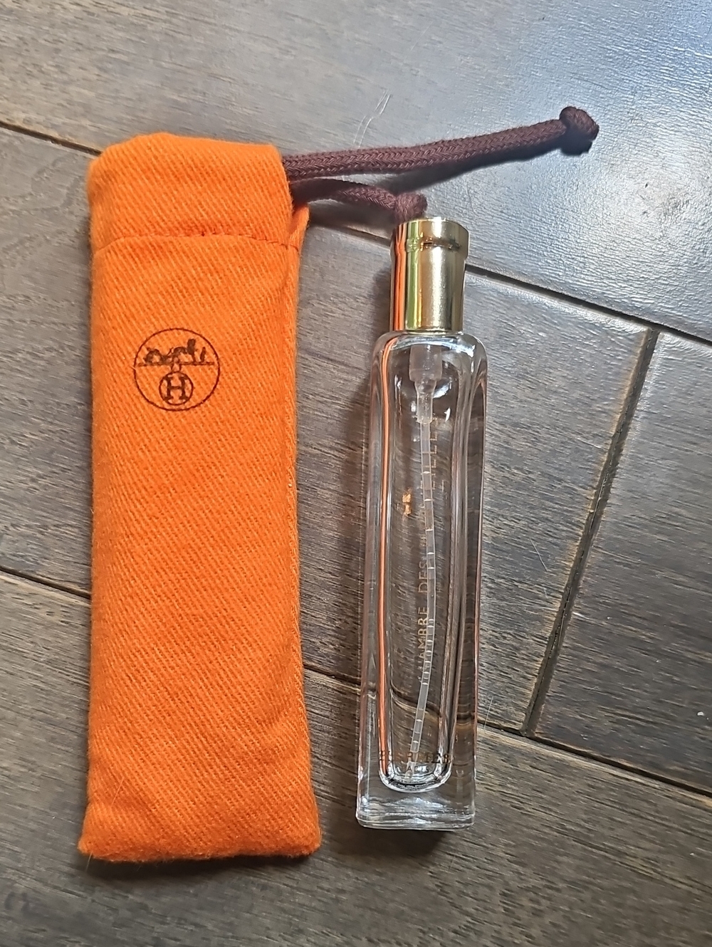 Hermès Orange Soft Drawstring Pouch with Glass Perfume Bottle